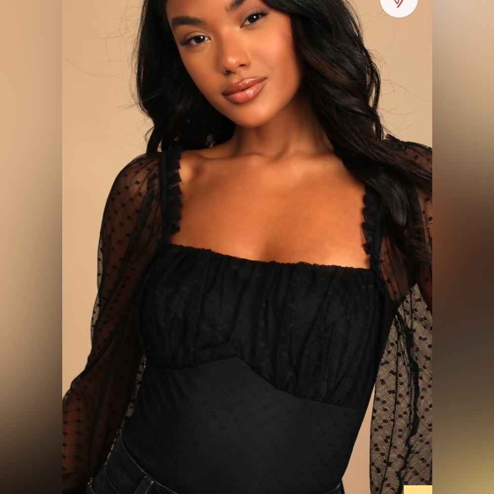 NWT Lulus Call the Dots Black Dotted Mesh Long Sleeve Bodysuit size M